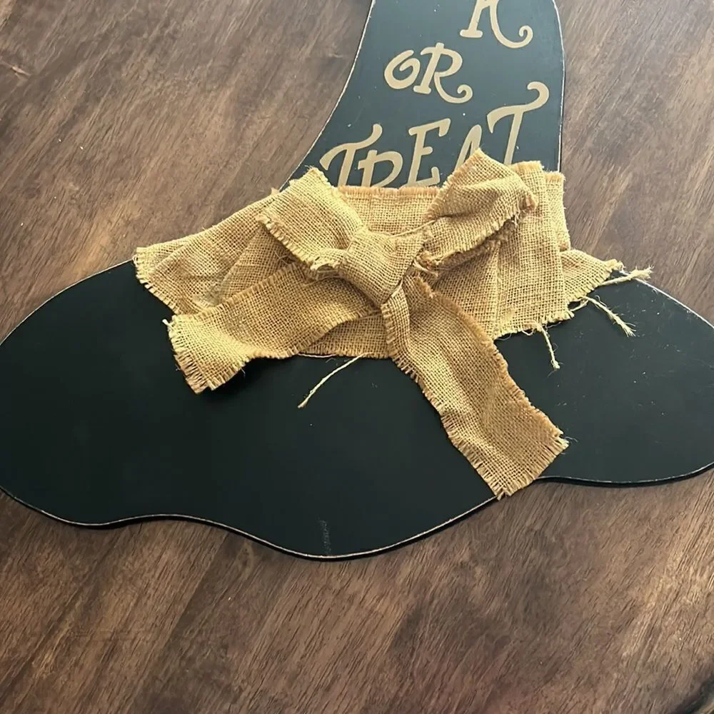 Halloween Farmhouse Black Wood Witch Hat Hanging “Trick or Treat” Decor-21”by17”